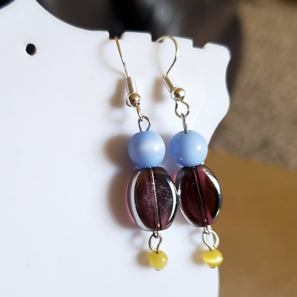 Silver Tone Hook Purple Glass Cat's Eye Earrings - Picture 1 of 3